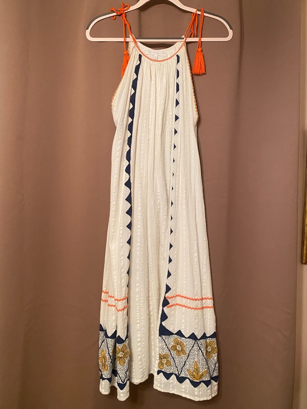 Corey Lynn Calter Cream Midi Dress with Navy Trim and Orange Tassels